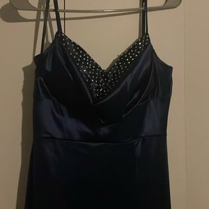 Dark Blue mock-cowl neckline bejeweled formal dress